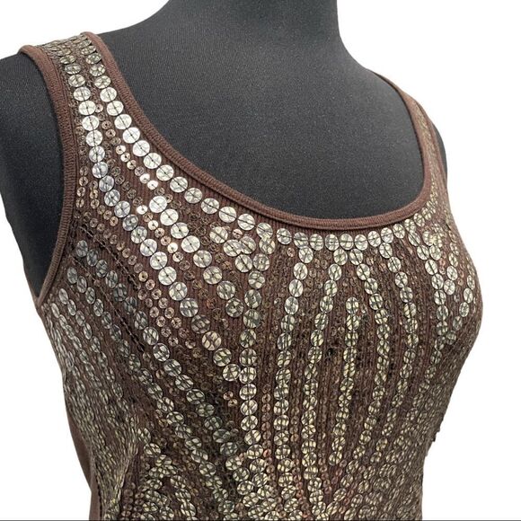 𝅺michael Michael Kors Brown Ribbed Sequin Tank Top Sz M - Picture 5 of 13